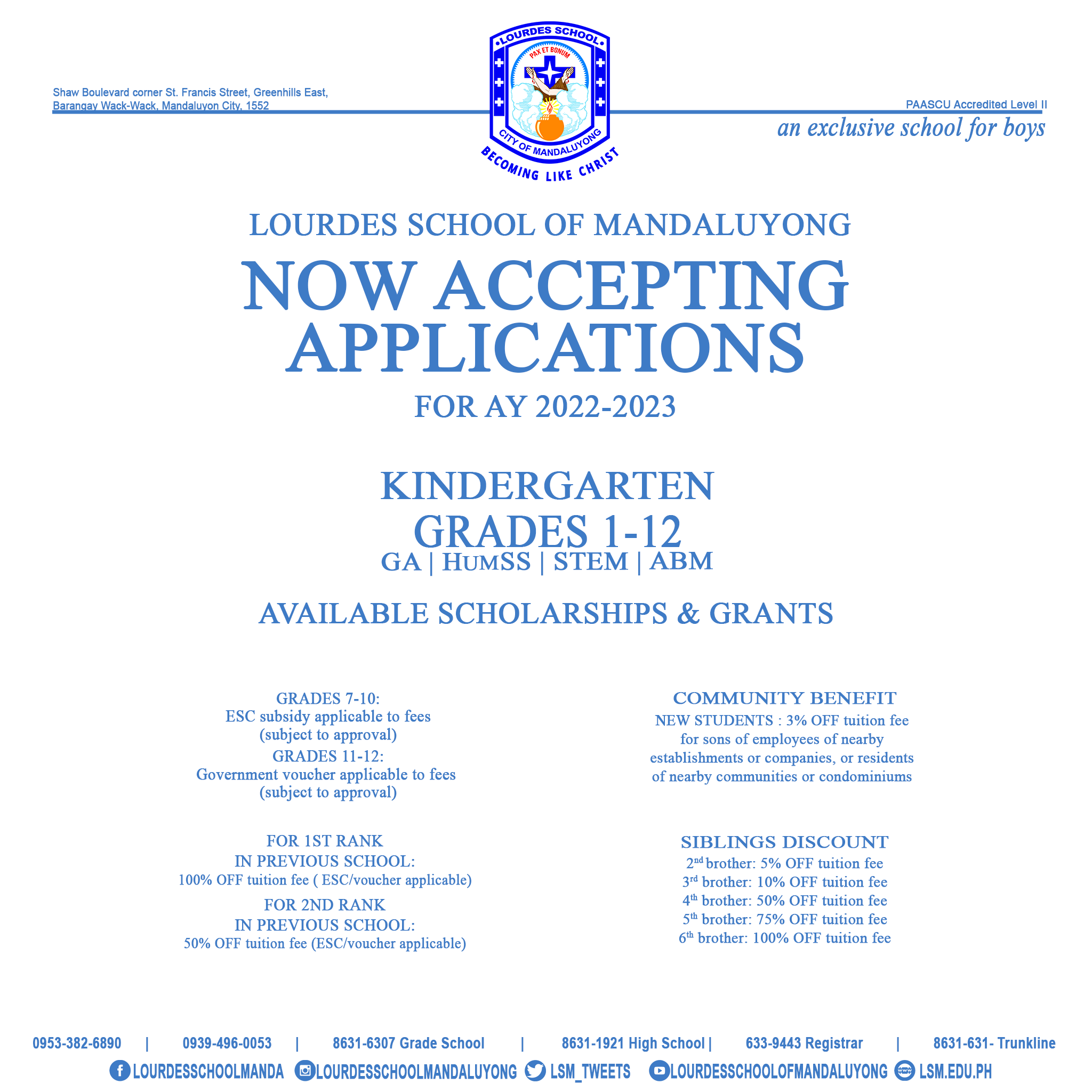 Lourdes School of Mandaluyong - New Accepting Applicants for AY 2022 - 2023