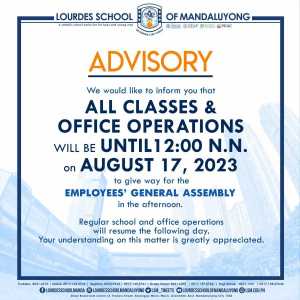 Advisory All Classes & Office Operations will be Until 12 n.n on August 17, 2023